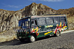 A specially made small bus by Mercedes for the small and bumpy streets of Bolivia
