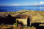 View from our small house over the Titicaca lake to the moon island and to the Cordillera Real