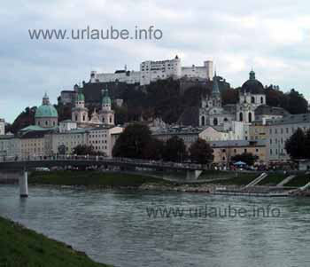 View at castle Hohensalzburg from the banks of the river Salzach