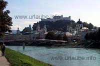 View at the fortress Hohensalzburg from the Salzach river